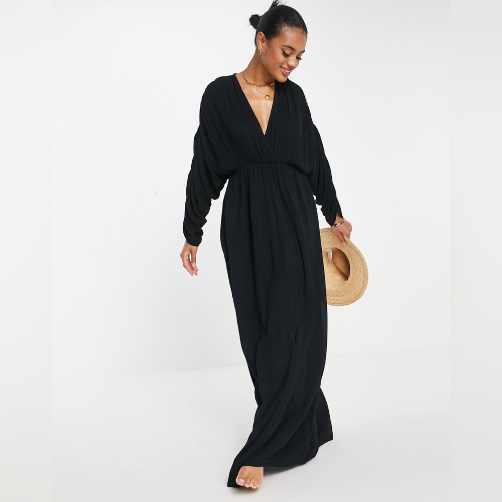 ASOS Black Beach Maxi Dress Long Dolman Sleeve Open Back Resort Minimalist EUC